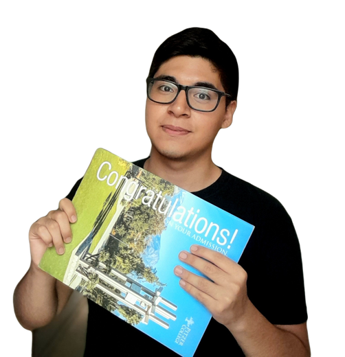 Luis holding his Pitzer College admission letter